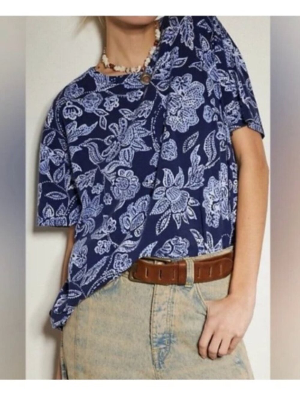 Free People We the Free Nina Printed Tee, Blue Floral | Size Small